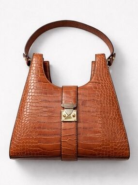 Tan Croc-Embossed Faux Leather Shoulder Bag